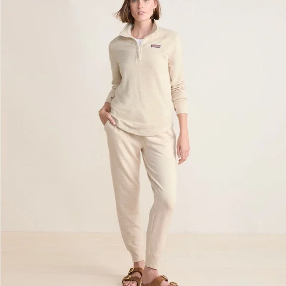 Vineyard Vines Women's Dreamscape Relaxed Shep Shirt Tan Quarter-Zip Heather Oat - Picture 4 of 8